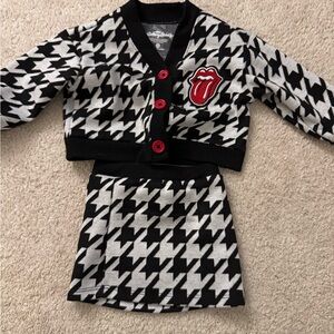 Houndstooth Cardigan and Skirt Set with Red Accent- Rolling Stones. Size 12 mont